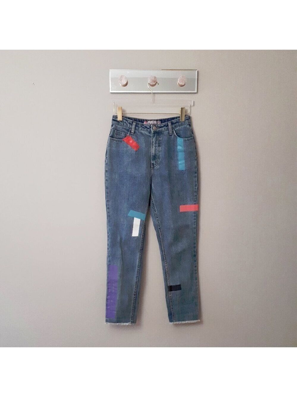 EUC Twik medium wash blue denim jeans w/ multicoloured geometric painted accents